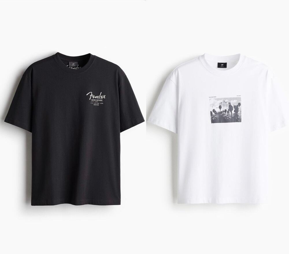 H&M Loose Fit Graphic 2 T-Shirts Size Small Black Fender/White Palm Tree Y2K